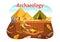 Archeology Illustration with Archaeological Excavation of ancient Ruins, Artifacts and Dinosaurs Fossil in Flat Cartoon Hand Drawn