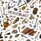 Archeology seamless pattern. Tools and science equipment, artifacts in vintage style. Excavated fossils and ancient