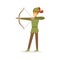 Archer aiming with bow, European medieval character in traditional costume colorful vector Illustration