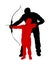 Archer vector silhouette illustration isolated on white background. Hunter in hunting. Dad teaches his son to hold bow and arrow.