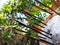 Archery crossbow bolts on house-made practice target in backyard garden outdoor