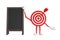 Archery Target and Dart in Center Cartoon Person Character Mascot with Blank Wooden Menu Blackboards Outdoor Display. 3d Rendering