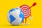 Archery Target and Dart in Center Cartoon Person Character Mascot with Earth Globe. 3d Rendering