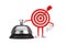 Archery Target and Dart in Center Cartoon Person Character Mascot with Hotel Service Bell Call. 3d Rendering