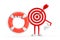 Archery Target and Dart in Center Cartoon Person Character Mascot with Life Buoy. 3d Rendering