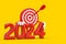 Archery Target and Dart in Center Cartoon Person Character Mascot with Red 2024 New Year Sign. 3d Rendering