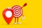 Archery Target and Dart in Center Cartoon Person Character Mascot with Red Target Map Pointer Pin. 3d Rendering