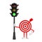 Archery Target and Dart in Center Cartoon Person Character Mascot with Traffic Green Light. 3d Rendering