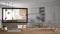 Architect designer project concept, wooden table with house keys, 3D letters kitchen design and desktop showing draft, blueprint