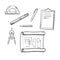 Architect drawing and tools sketches