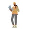 Architect Female Character Wear Helmet and Uniform Hold Laptop. Construction Engineer Working on Building Plan
