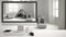 Architect house project concept, desktop computer on white work desk showing scandinavian child room, minimalistic blurred interio