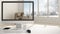 Architect house project concept, desktop computer on white work desk showing scandinavian living room, minimalistic blurred interi