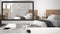 Architect house project concept, desktop computer on white work desk showing scandinavian white bedroom, minimalistic blurred inte