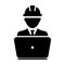 Architect icon vector male construction worker person profile avatar with laptop and hardhat helmet in glyph pictogram