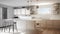 Architect interior designer concept: unfinished project that becomes real, kitchen with wooden details and parquet floor,