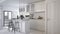 Architect interior designer concept: unfinished project that becomes real, modern scandinavian kitchen, cabinets, island and