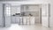Architect interior designer concept: unfinished project that becomes real, modern scandinavian kitchen, cabinets, island and