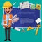 Architect man with blueprint paper and tool. presentation - illustration