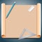 Architect squared brown paper with pen triangular ruler and eraser illustration