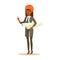 Architect woman in orange safety helmet standing and holding project blueprints rolls, colorful character vector