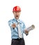 Architect worker or engineer man in red construction helmet