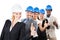 Architects wearing hardhats while gesturing thumbsup