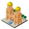 Architectural arch with domes over the road, trees, cars and people. Cityscape in isometric view