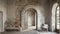 an architectural archway nestled inside a meticulously maintained Tuscan house, illuminated by natural light to