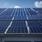 Architectural Detail of Metal Roofing on Commercial Construction Solar panels or Solar cells Over Factory, Blue Sky With Sun Rays