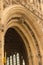 Architectural detail of the royal entrance below the Victoria Tower at the British Parliament building in London, England.