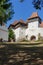 Architectural details of medieval church. View of fortified church of Viscri, UNESCO heritage site in Transylvania. Romania, 2021