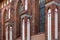 Architectural elements, vaults and windows of gothic cathedral. Red Brick walls. Kaliningrad, Russia. Immanuel Kant island