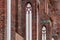 Architectural elements, vaults and windows of gothic cathedral. Red Brick walls. Kaliningrad, Russia. Immanuel Kant island