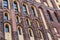 Architectural elements, vaults and windows of gothic cathedral. Red Brick walls. Kaliningrad, Russia. Immanuel Kant island
