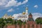 Architectural ensemble of Moscow Kremlin from Sofiyskaya embankment of Moskva River with beautiful kremlin churches and Taynitskay