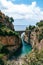 Architectural landmark, stone bridge. A view of the Fiordo of Furore in Amalfi coast, Travel and vacation concept. Summer day.