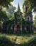 Architectural Marvel Amidst Nature, Overgrown, Abandoned Building, Generative AI
