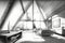 architectural pencil sketch of modern attic, with sleek and minimalist design elements