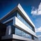 architectural photograph presents a close-up view of a modern glass and concrete building against the backdrop of the sky.