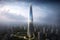 architectural rendering of futuristic skyscraper with cutting-edge technology and sleek design