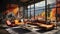 Architectural Showcasing a Modern Steel and Concrete Home Living Room with Colorful Paintings Fall Mountain Scenary Outside