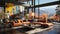 Architectural Showcasing a Modern Steel and Concrete Home Living Room with Colorful Paintings Fall Mountain Scenary Outside