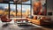 Architectural Showcasing a Modern Steel and Concrete Home Living Room with Colorful Paintings Fall Mountain Scenary Outside