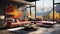 Architectural Showcasing a Modern Steel and Concrete Home Living Room with Colorful Paintings Fall Mountain Scenary Outside