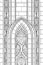 Architectural symmetric abstraction  pointed arch of a Gothic cathedral with patterns  stained glass window of an old church