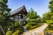 Architectural view of a temple with a small yard