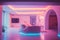 A architectural view to comfortable futiristic living room with synthwave colors lighting. AI generative image