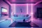 A architectural view to comfortable futiristic living room with synthwave colors lighting. AI generative image