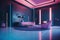 A architectural view to comfortable futiristic living room with synthwave colors lighting. AI generative image